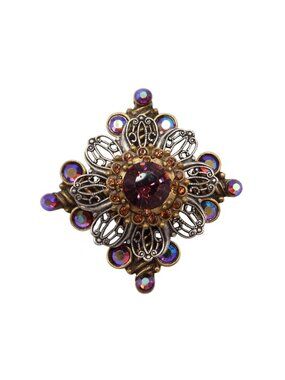 CHICOS Aurora Borealis Rhinestone Purple Cabochon Mixed Metal Filigree Brooch